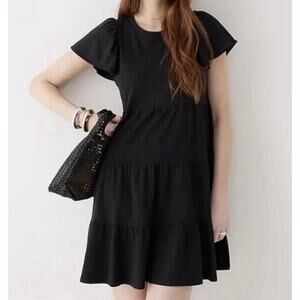 J. Crew Mini Dress Size Large Black Knit Broken-In Jersey Tiered Cotton Minimal